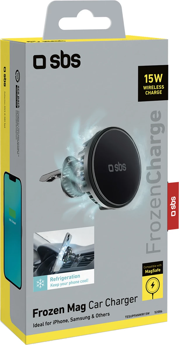 Mbajtës magnetik me karikues wireless SBS TESUPFANWIR15W, për grilë të ajrit, 15W, me ftohje, i zi