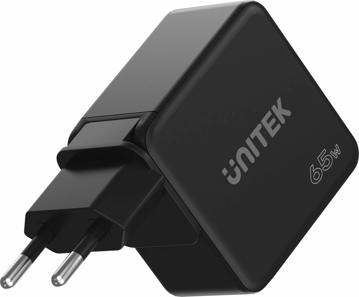 Karikues rrjeti Unitek P1117B GaN PD 65W 1x USB-A + 2x USB-C, 3.25A, i zi, set me adaptera EU/UK