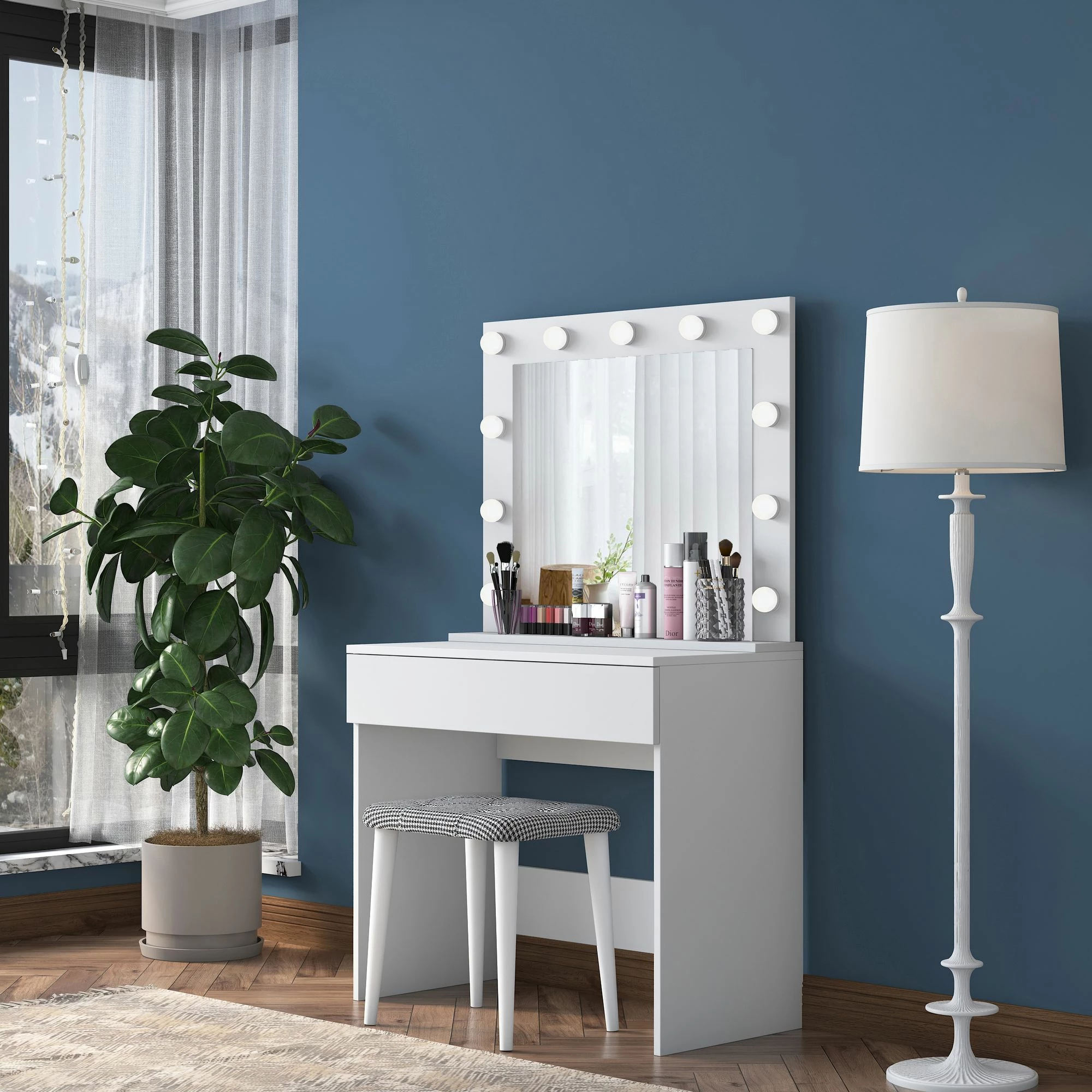 Tavolinë grimi Hanah Home, BJ121 - 2934, e bardhë, me pasqyrë dhe puf