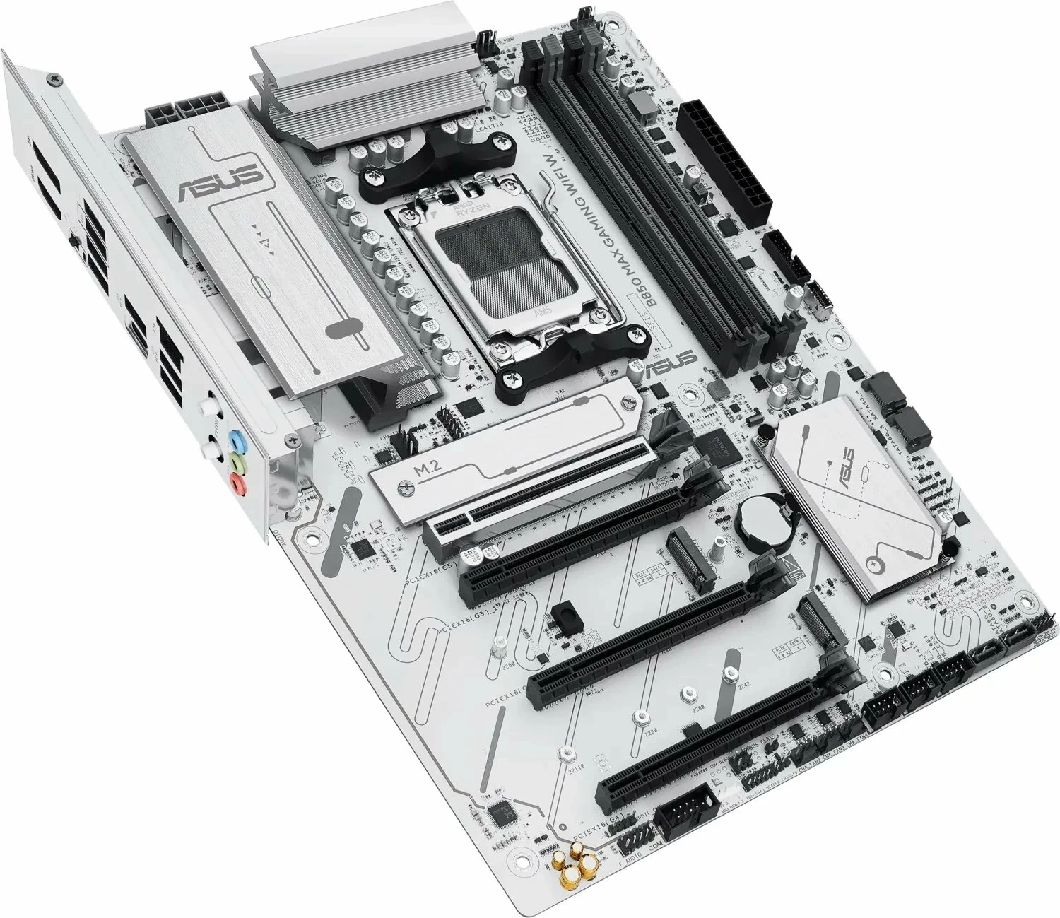 Pllakë amë Asus B850 MAX GAMING WIFI W ATX DDR5 deri 256GB, Wi‑Fi 6E/Bluetooth, e bardhë, me antenë WiFi dhe 2x kabllo SATA