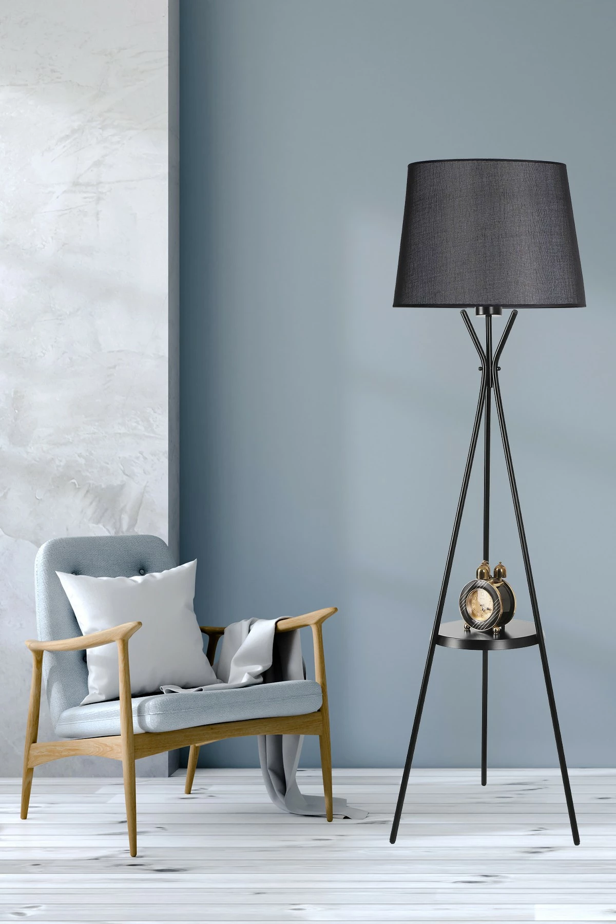 Llambë dyshemeje Opviq, Venedik Sehpalı, e zezë, abazhuri piramidë, hasër, me abazhure të zezë