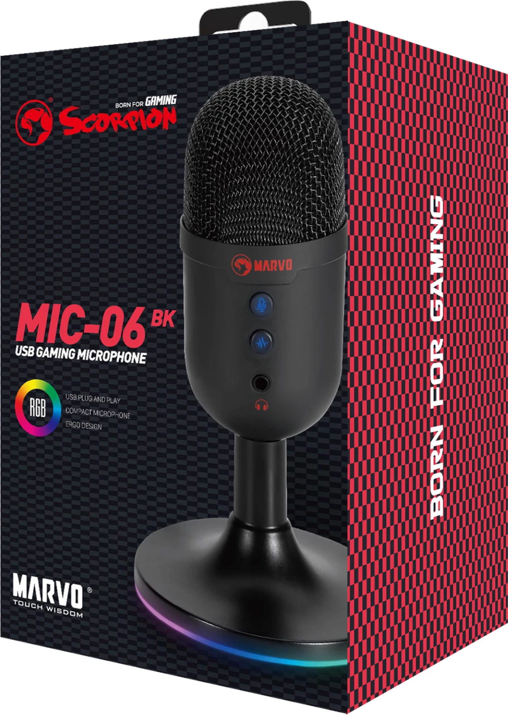 Mikrofon desktop Marvo MIC-06 USB omnidireksional me RGB, i zi