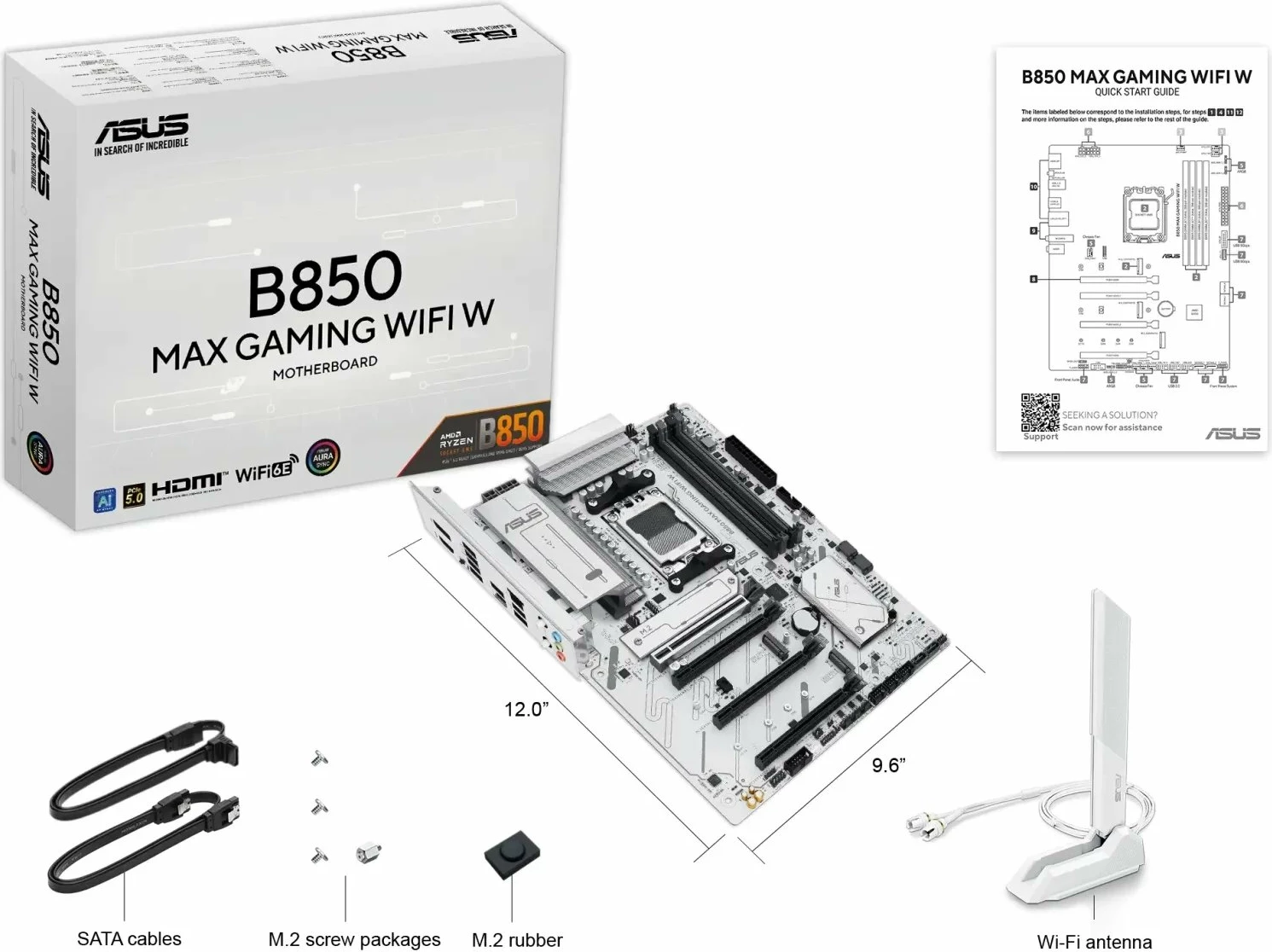 Pllakë amë Asus B850 MAX GAMING WIFI W ATX DDR5 deri 256GB, Wi‑Fi 6E/Bluetooth, e bardhë, me antenë WiFi dhe 2x kabllo SATA