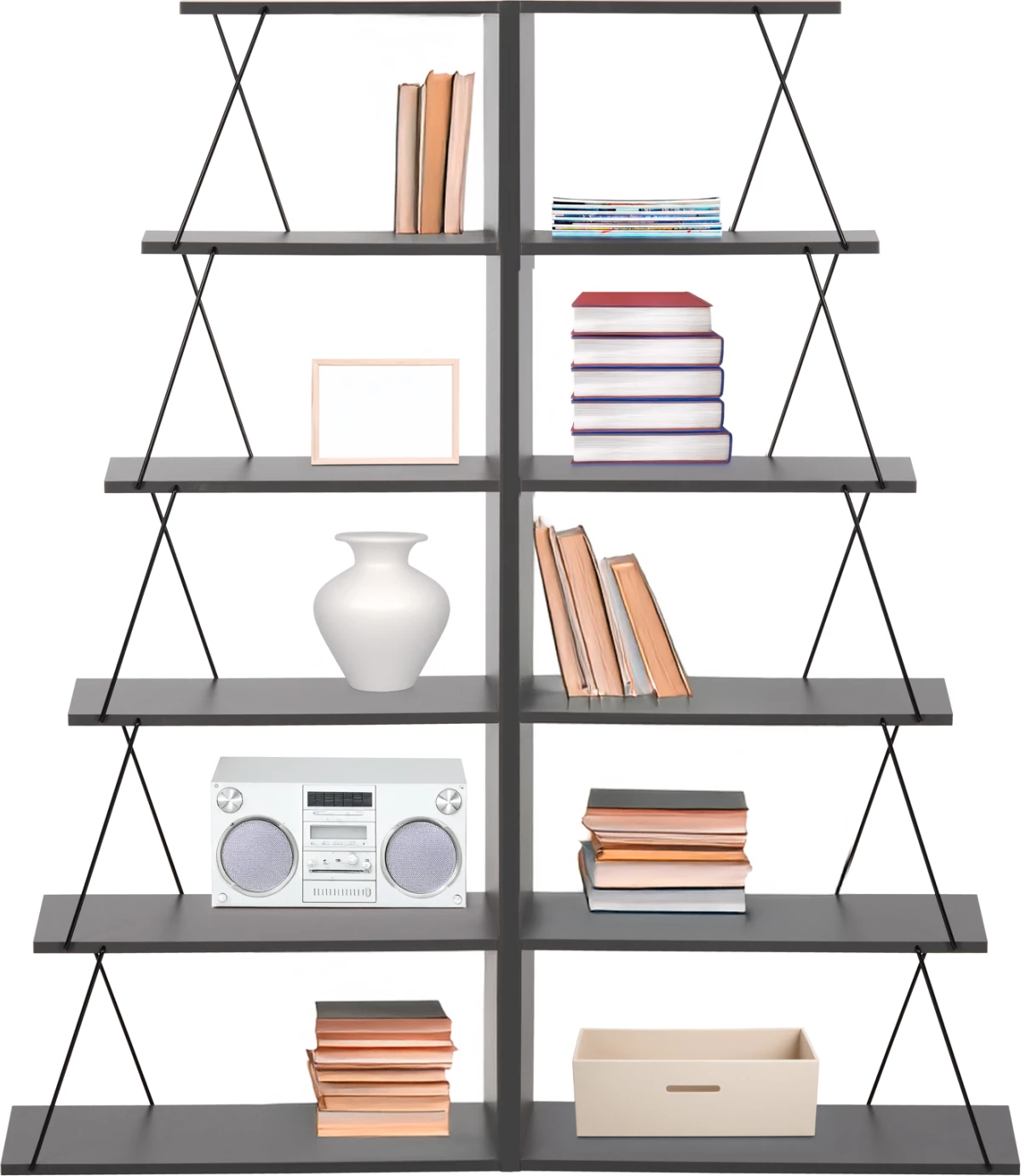 Raft librash 2 copë set MINI TARS FH11772.20 melaminë ngjyrë gri-shufra metali të zeza 65x24x146Hcm.(x2)