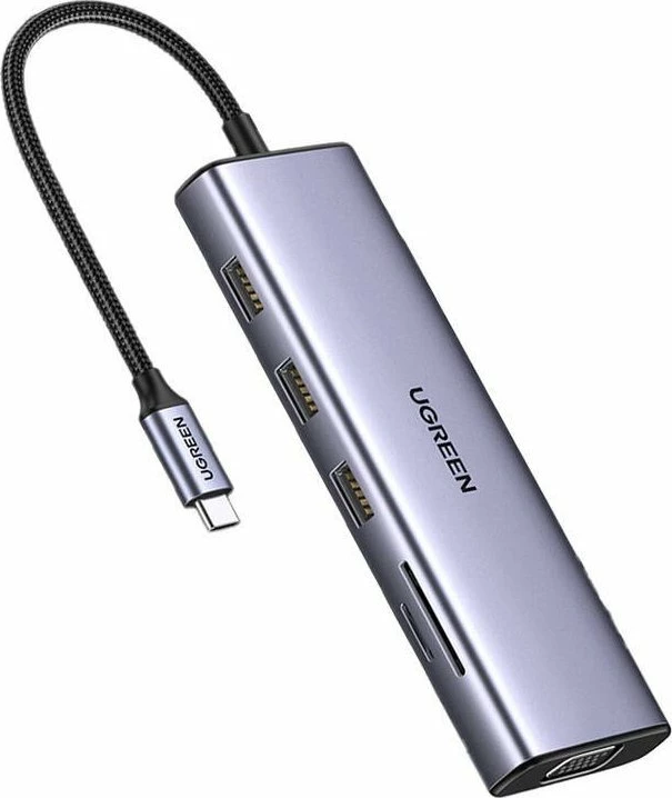 Hub USB-C Ugreen CM498 10n1, 3x USB-A 3.0, HDMI 4K@30Hz, VGA 1080p@60Hz, RJ45 Gigabit, SD/TF, AUX 3.5mm, USB-C PD 100W, gri