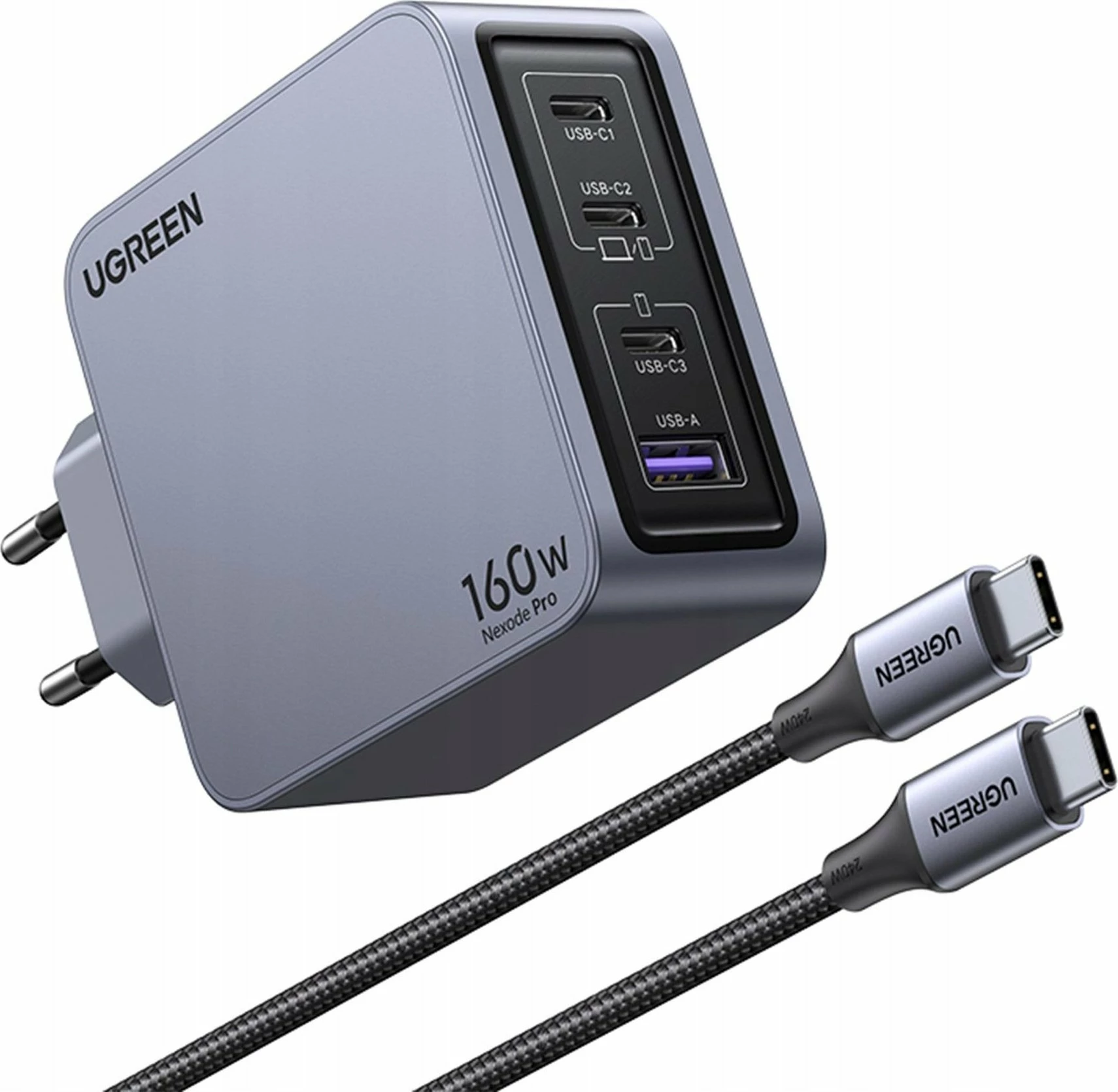 Karikues Ugreen Nexode Pro UGR1838 160W, 1x USB-A + 3x USB-C, GaN II, me kabllo, gri