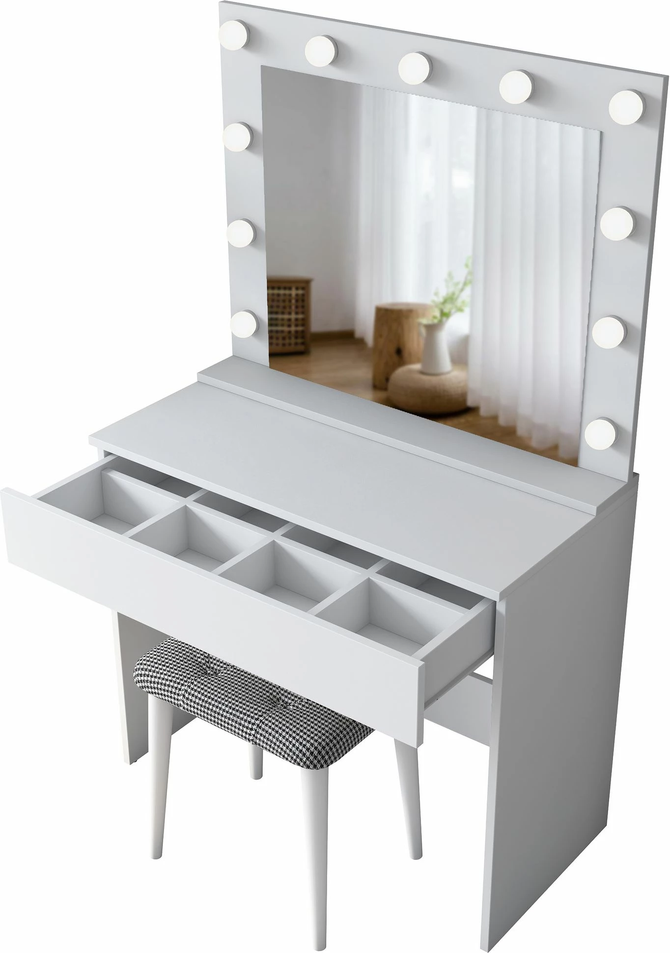 Tavolinë grimi Hanah Home, BJ121 - 2934, e bardhë, me pasqyrë dhe puf