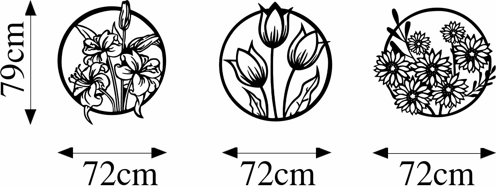 Aksesor dekorativ metalik për mur, lule, 3 copë, Wallity, 72x79cm