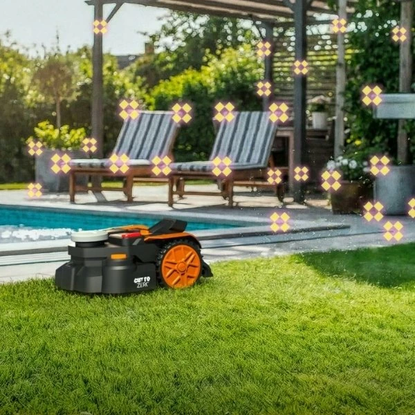 Robot kositës bari Worx Landroid Vision Cloud WR340E, 600 m², 4WD, kamerë stereo, RTK, bateri 20V 4.0Ah, zi/portokalli