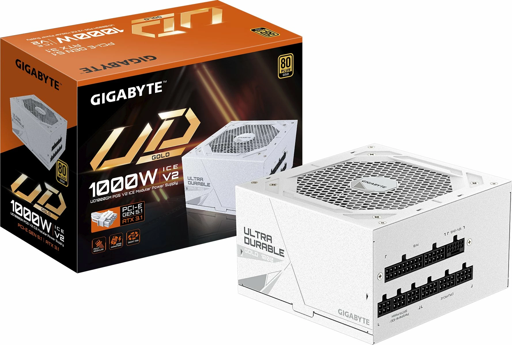 Furnizues energjie Gigabyte UD1000GM PG5 V2 ICE 1000W 80 Plus Gold ATX 3.1 full modular i bardhë