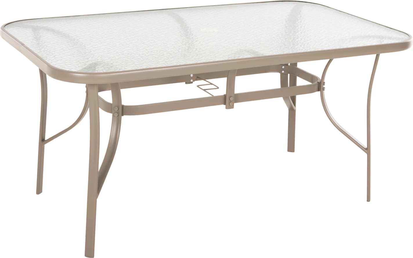 Tavolinë ngrënieje BRUNO FH5145.14 metalike ngjyrë shampanje-xham i temperuar me vrimë për ombrellë 149,5x89,5x72Hcm