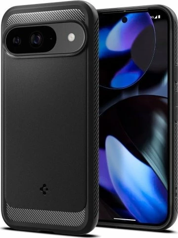 Mbështjellës Spigen Rugged Armor për Google Pixel 9/9 Pro, TPU, me teksturë karboni, me xham të kalitur, i zi, set 1 copë
