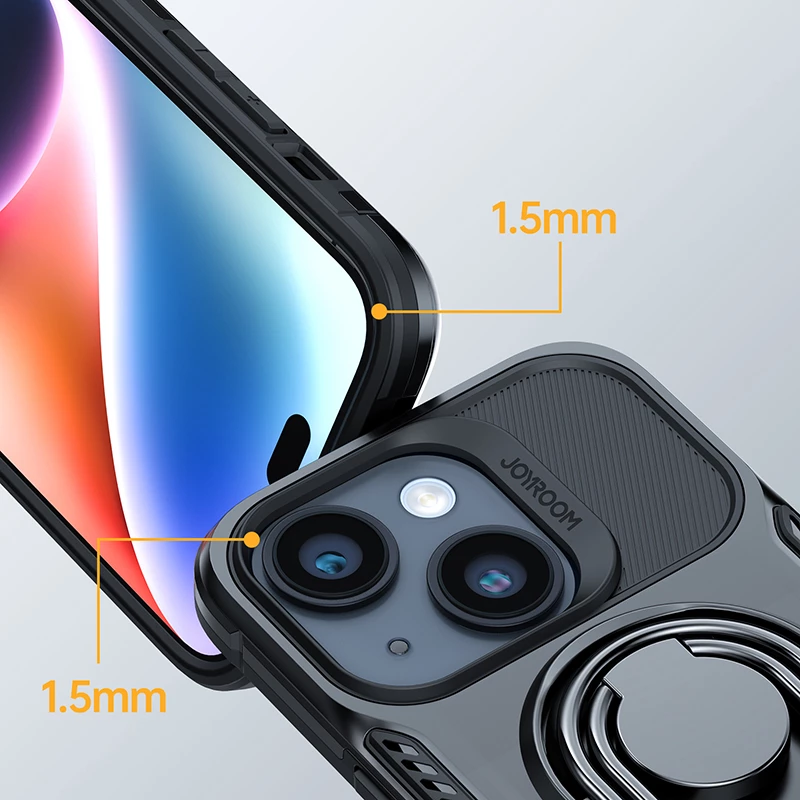 Mbështjellës Joyroom Dual Hinge për iPhone 14 Plus, me këmbalec dhe ring holder, Zi