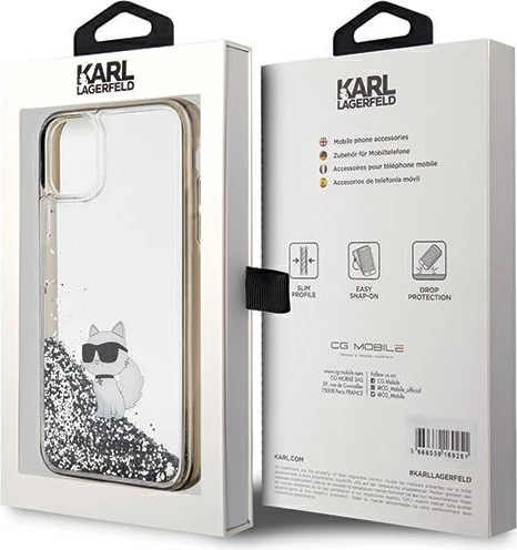 Mbështjellës Karl Lagerfeld Liquid Glitter Choupette për iPhone 11/XR, Transparent, Silver