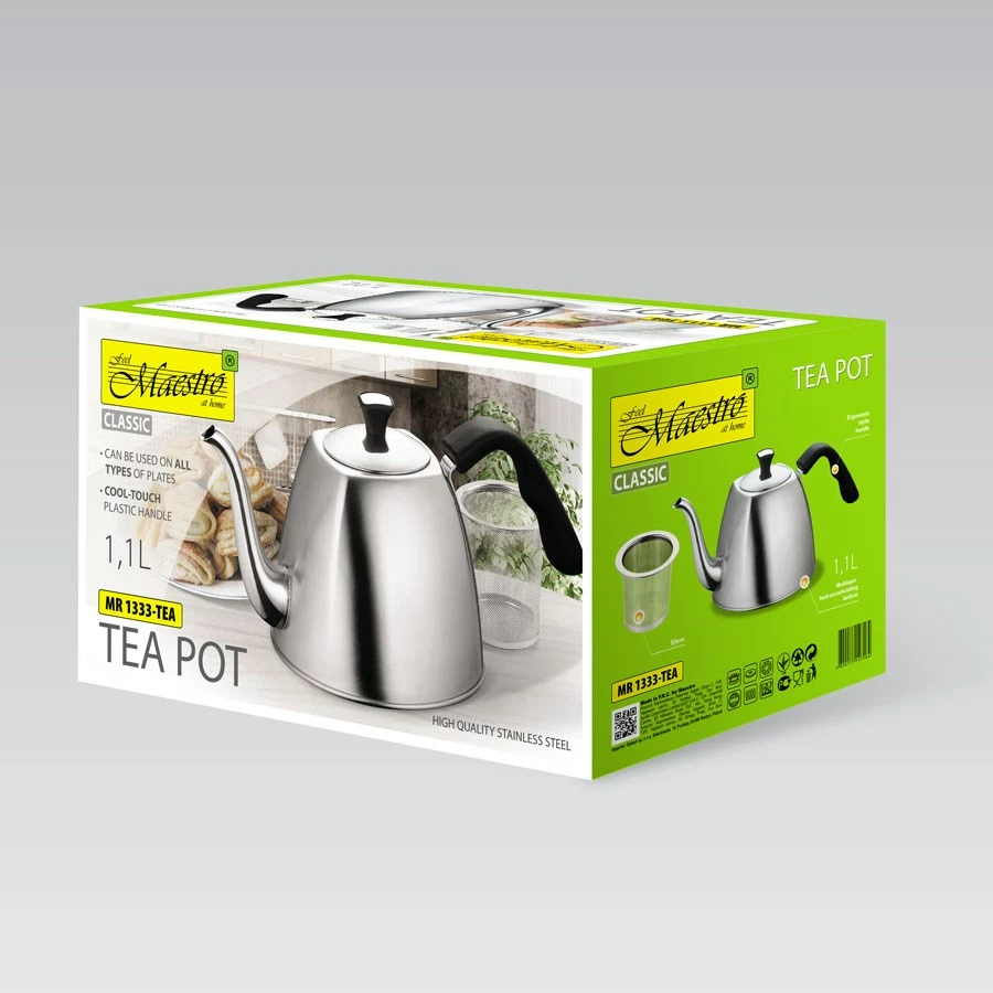 Çajnik Maestro MR-1333-Tea, 1.1 L, çelik inox, dorezë plastike, i argjendtë