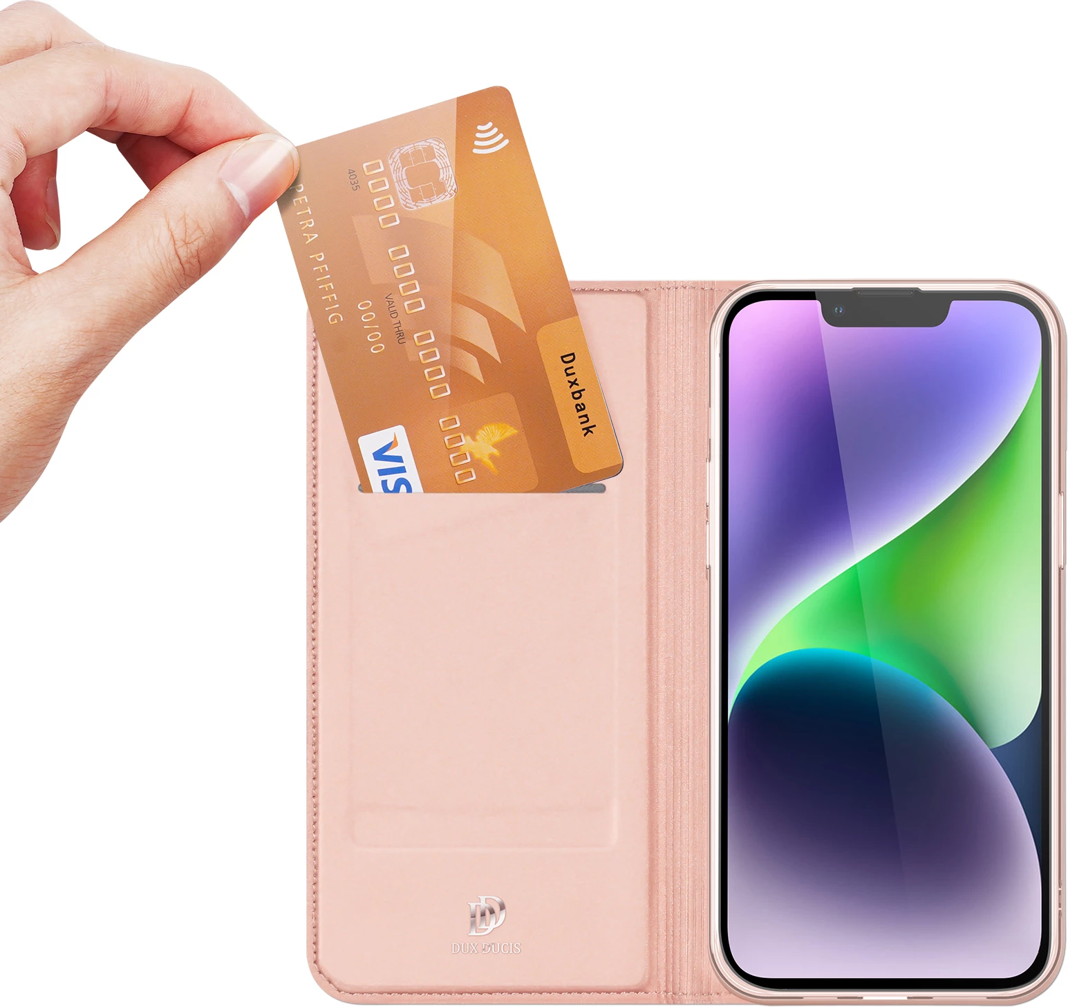 Mbështjellës Dux Ducis Skin Pro për iPhone 15 Plus, me xhep kartelash, rozë