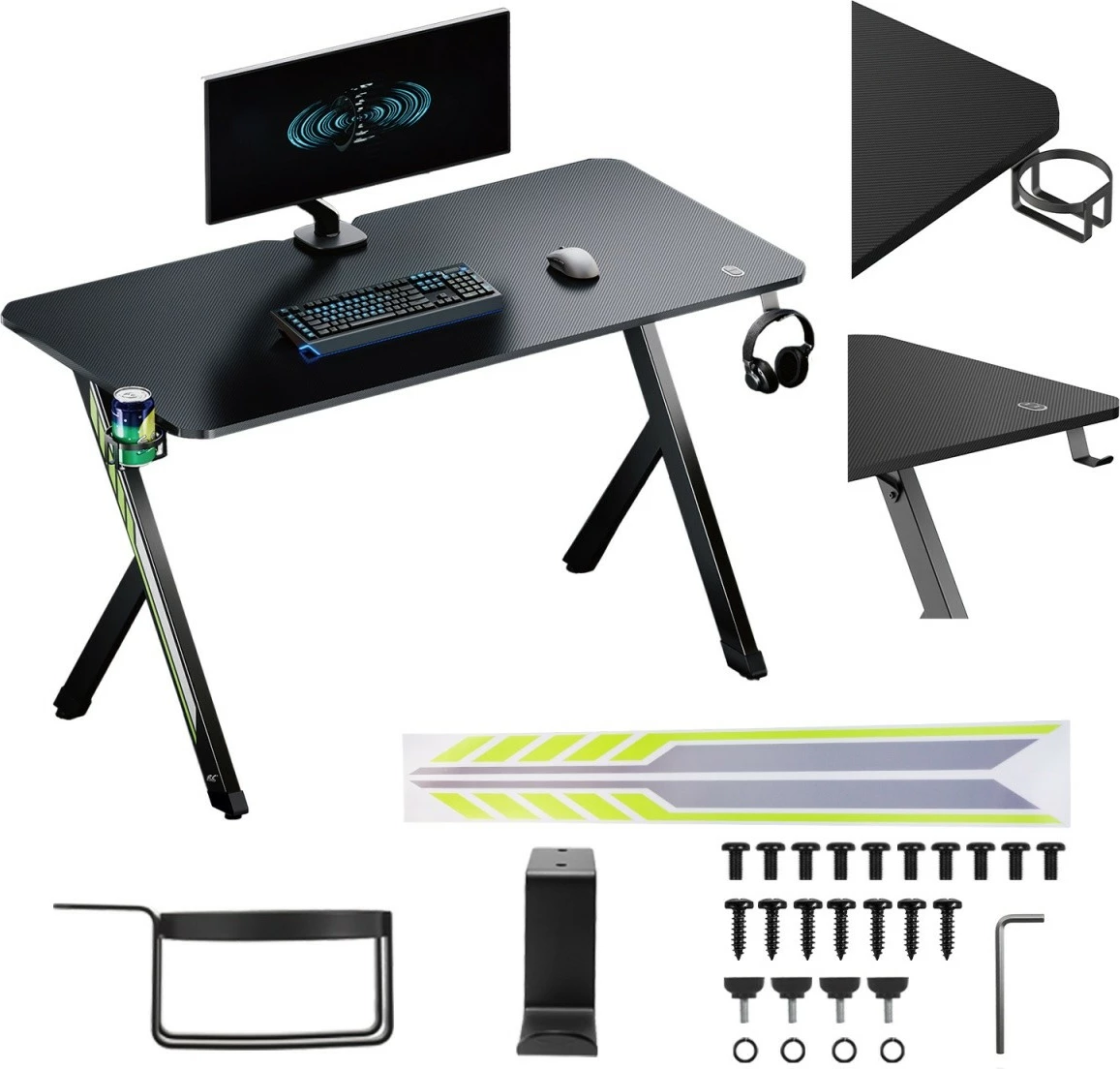 Tavolinë gaming, Maclean NanoRS RS101, 120x60x75 cm, ngarkesë 75 kg, me mbajtës kufjesh dhe gote, e zezë