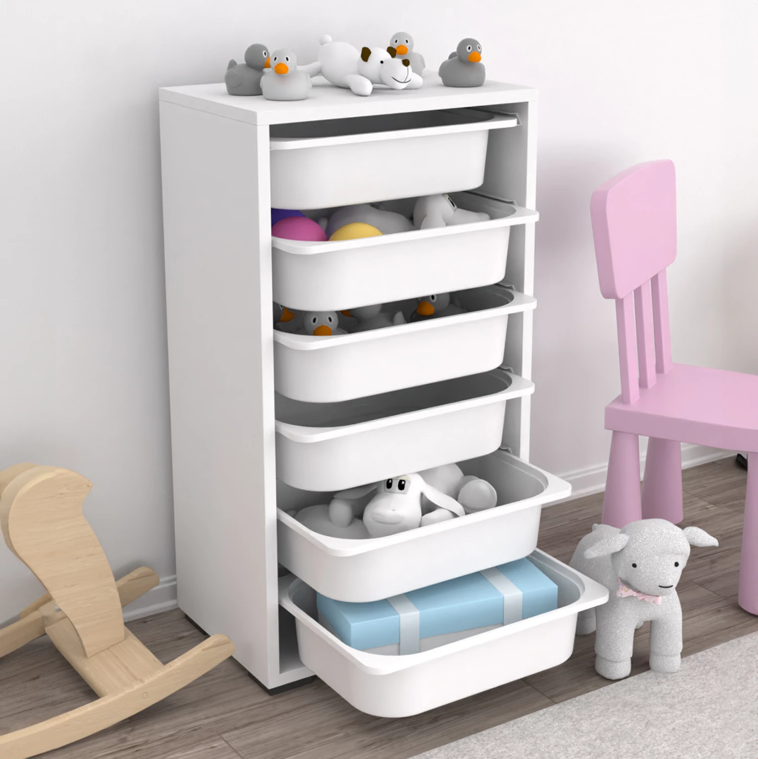 Komodinë SANI FH18215.01 melaminë e bardhë-6 sirtarë plastikë të bardhë 45,5x30x83 cm