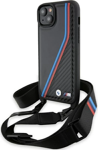 Mbështjellës BMW M Edition Carbon Tricolor Lines & Strap për iPhone 15/14/13, i zi