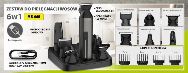 Makinë rroje Maestro MR-660 6-në-1 me USB, e zezë, set