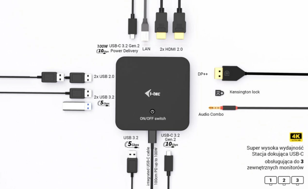Kasë docking i-tec C31TRIPLEVIDEODPPRO, 100W Power Delivery, 2x HDMI, 1x DisplayPort, 6x USB, LAN, E zezë