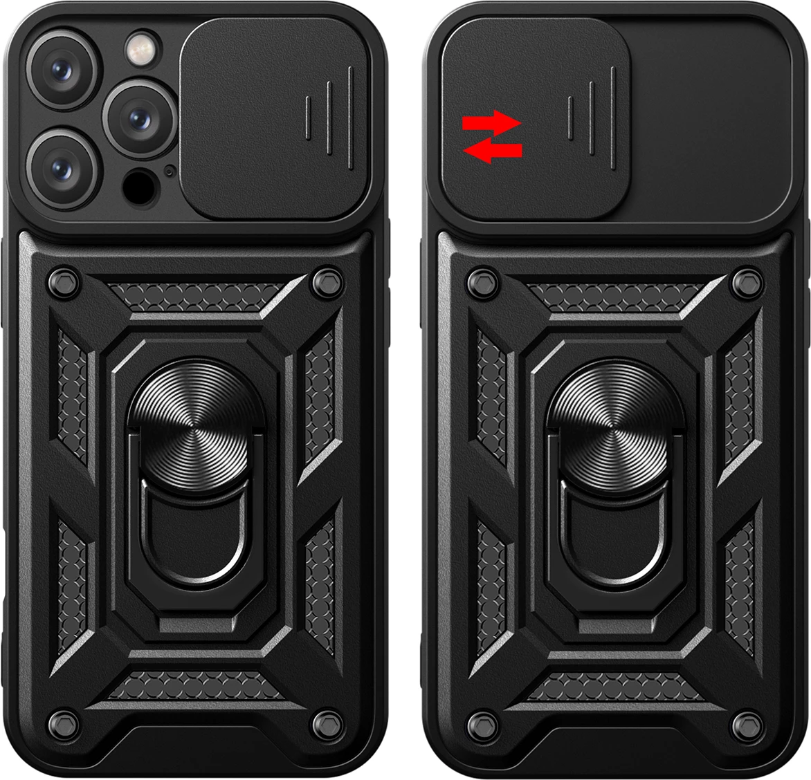 Mbështjellës Hurtel Hybrid Armor Camshield për iPhone 16 Pro Max, me mbulesë kamere dhe qëndrim, zi