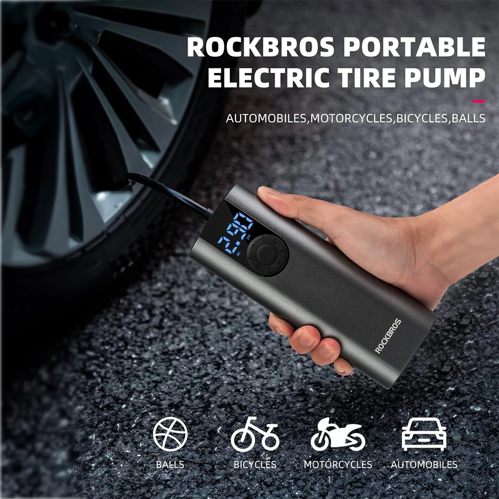 Pompë elektrike për biçikletë Rockbros 42720001001 me ekran LED, 5200 mAh, USB-C, e zezë, set me adapterë