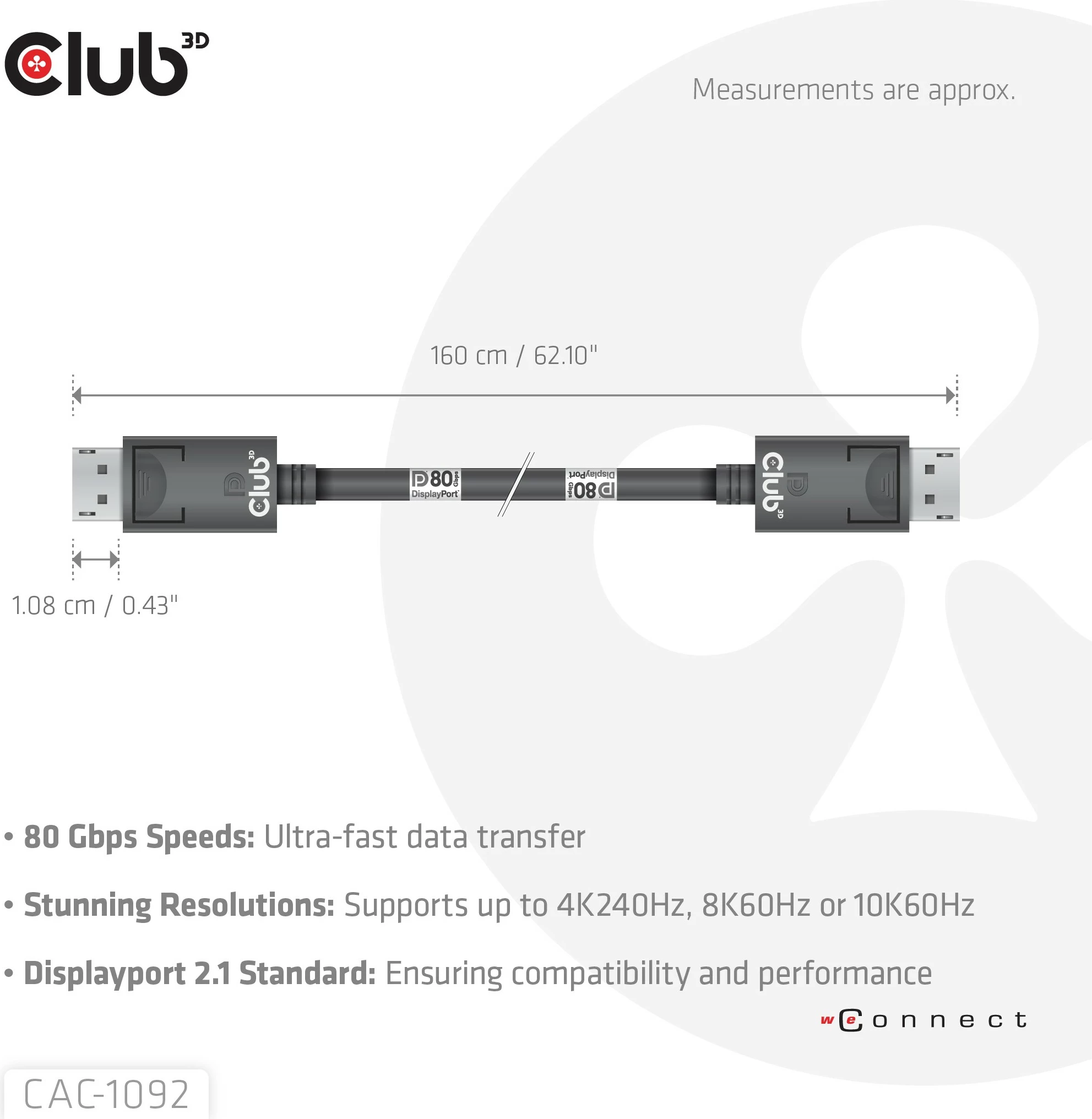 Kabllo DisplayPort Club3D DP-Kabel 2.1 DP80, 1.6m, e zezë
