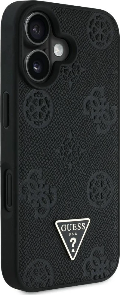 Mbështjellës Guess Grained Hot Stamp Peony Triangle Logo MagSafe për iPhone 16, i zi