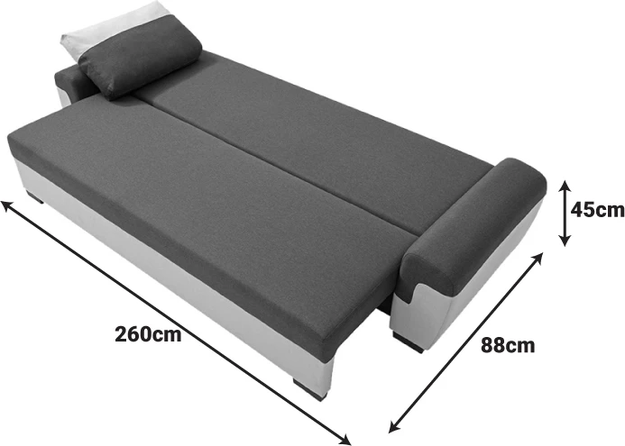 Krevate divan treshe Gaby, me hapësirë për magazinim, stof, ngjyrë e zezë-gri e çelët, 260x88x88cm