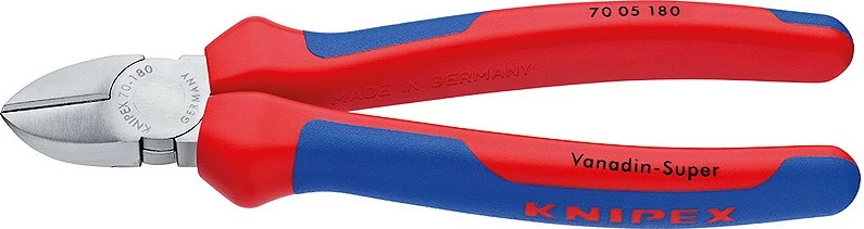 Këputëse diagonale Knipex 70 05 180, 180mm, krom-vanadium, dorezë plastike, kuqe/kaltër