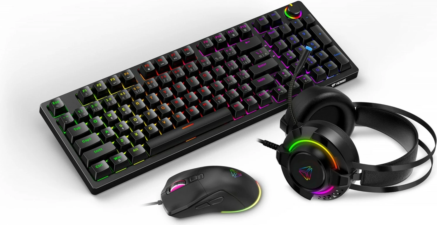 set gaming 3-në-1, YENKEE, YGS 03 ECLIPSE, tastierë mekanike RGB QWERTY, maus deri 4200 DPI, kufje me mikrofon, i lidhur USB, e zezë