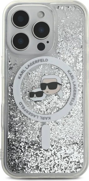 Mbështjellës Karl Lagerfeld Liquid Glitter Karl & Choupette Head MagSafe për iPhone 16 Pro, Transparent