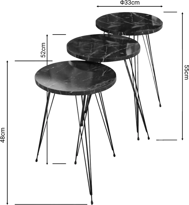 Tavolina anësore Wakmi set 3 copë mermer i zi melaminë-metal i zi
