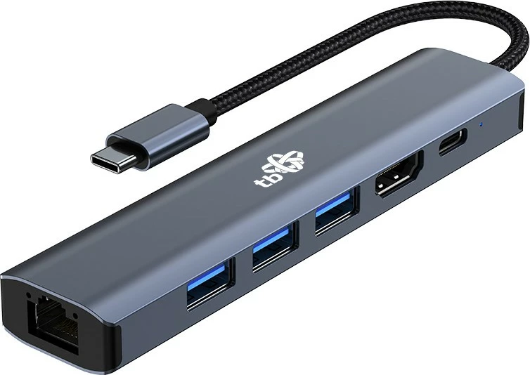 Adapter HUB USB C 6-në-1 TB, HDMI, 3x USB 3.0, PD, RJ-45, Grafit