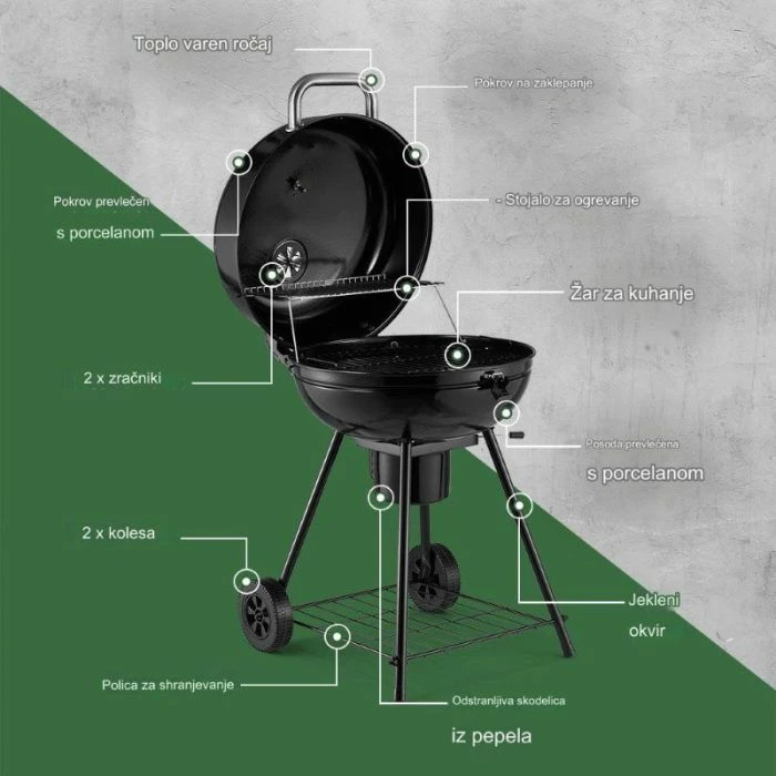 Skara kettle me qymyr VONHAUS 2500934, diametër 53.5 cm, me kapak e termometër, e zezë