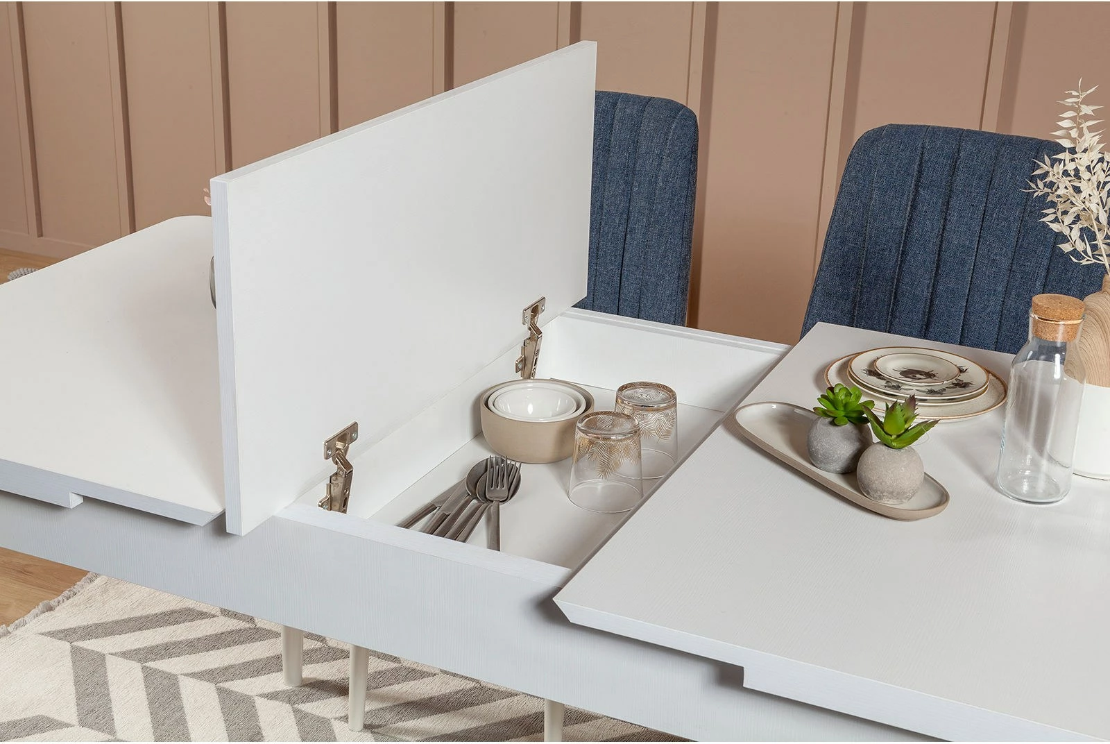 Tavolinë me karrige, set 5 pjesësh, Hanah Home, Vina, e bardhë dhe kaltër e errët