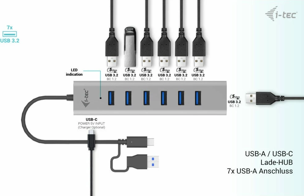 USB HUB I-Tec 7 porta, USB 3.2 Gen 1, 5000 Mbit/s, metalik, 0.3m, gri
