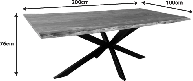 Tavolinë Miles dru akacie masiv trashësi 3.7-4cm ngjyrë natyrale me këmbë metali të zeza 200x100x76cm