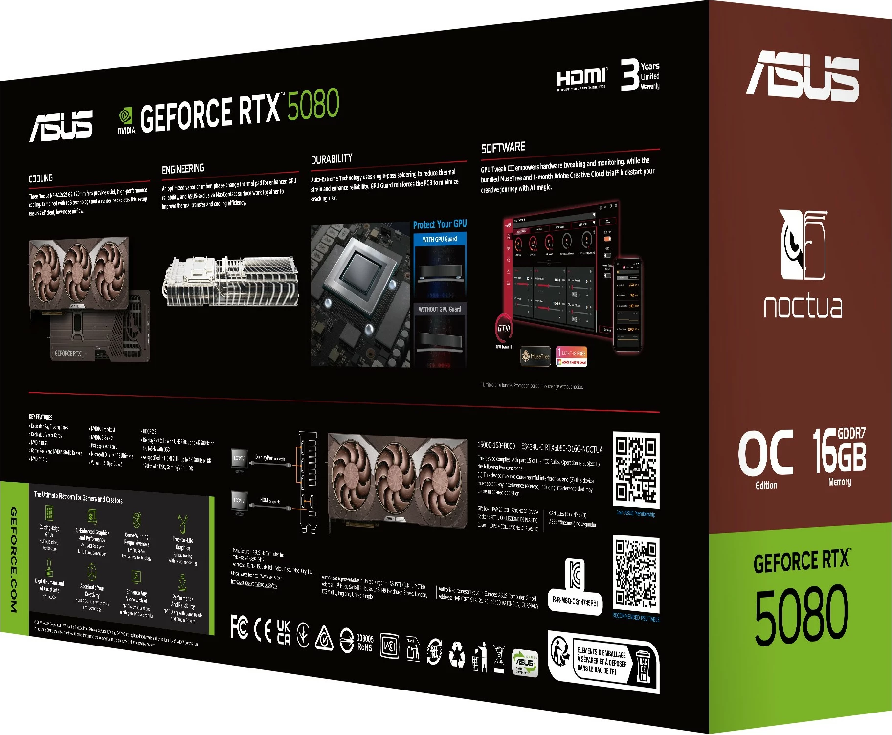 Kartelë grafike ASUS RTX 5080 Noctua OC Edition 16GB GDDR7, 3 ventilatorë, kafe