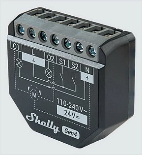 Rele Shelly 2PM Gen4, Wi‑Fi/Bluetooth, 2 kanale, 16A, Matter/Zigbee, matje energjie, i zi