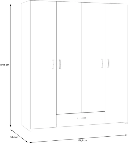 Dollap me katër dyer, Generiale,, melaminë, i bardhë, me 3 rafte gri, 159x54.5x190.5cm
