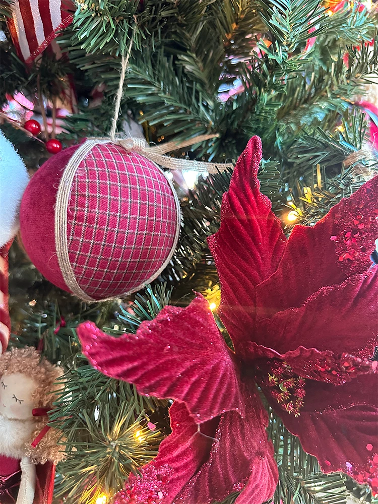 Top dekorativ për Krishtlindje, polifomë, pëlhurë, e kuqe-bezhë, 10x10x10 cm