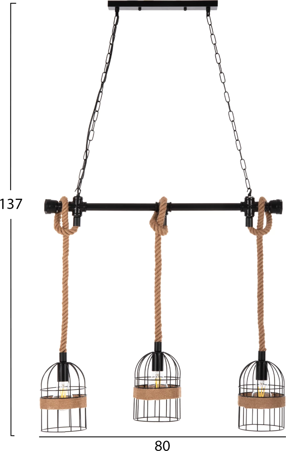 Llambë varëse tavani 3-dritash FH4180 metal i zi-litar kërpi natyral 80x14,5x137Hcm