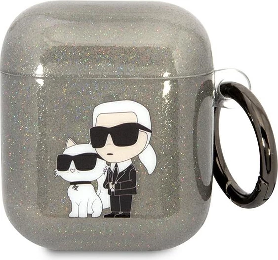 Mbështjellës Karl Lagerfeld KLA2HNKCTGK për AirPods 1/2, Glitter Karl&Choupette, i zi me unazë