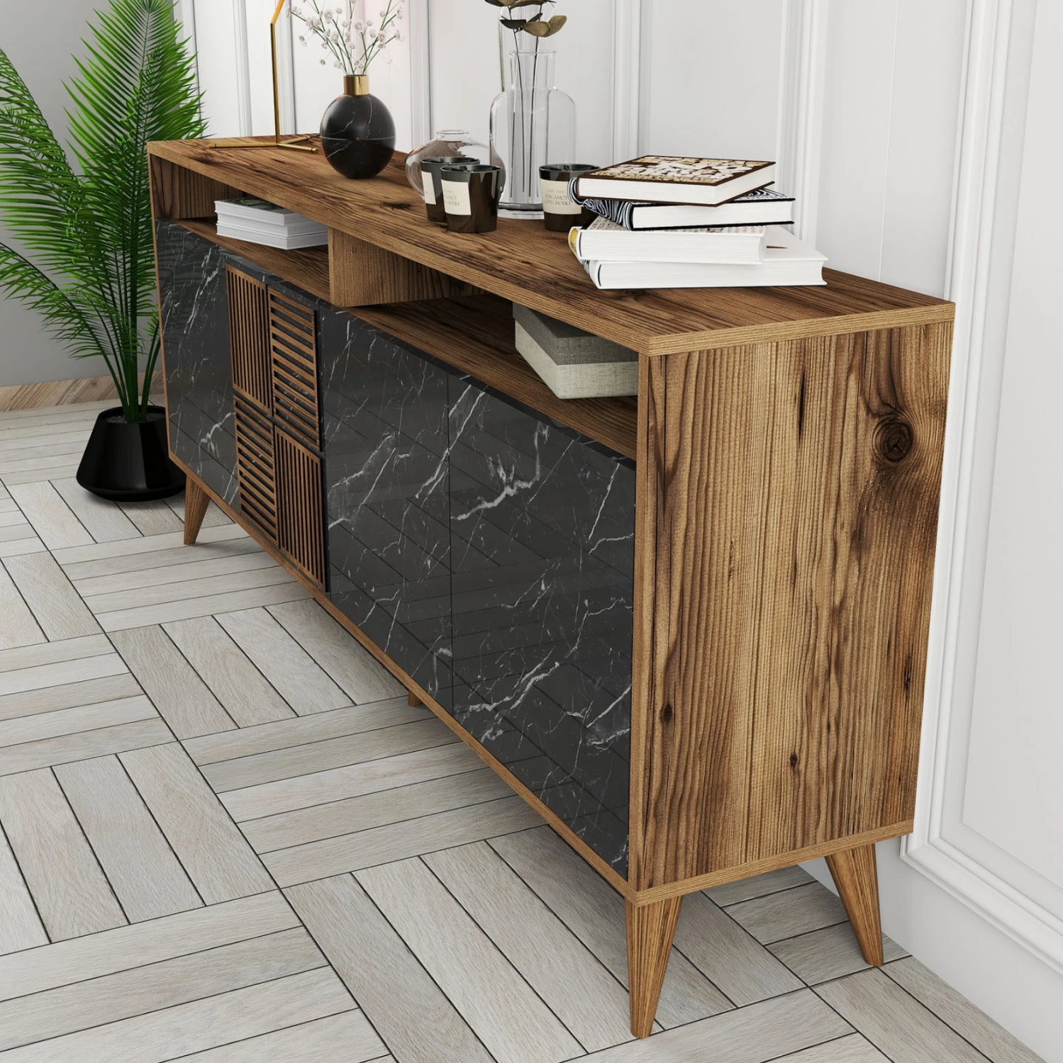 Bufe melamine FH9431.05 ngjyrë arre me dyer pamje mermeri të zi 180x35x78.6H cm