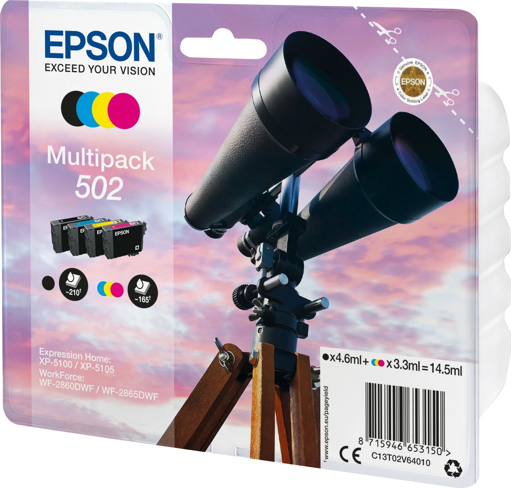 Multipack bojë Epson 502, Standard Yield, 4 ngjyra, 4.6 ml, 3.3 ml