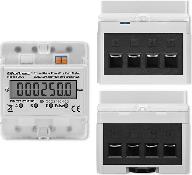 Matës trefazor i energjisë Qoltec 50900, LCD, montim në shinë DIN, Gri