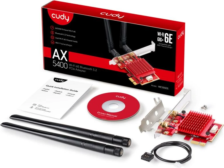 Kartë rrjeti Wi‑Fi PCI‑Express, Cudy WE3000S, dy konektorë antene, komplet me bravë standarde dhe low‑profile