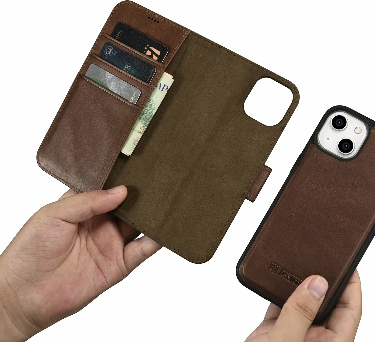 Mbështjellës iCarer Oil Wax Wallet 2in1 për iPhone 14 Plus, lëkurë natyrale, Anti-RFID, Kafe